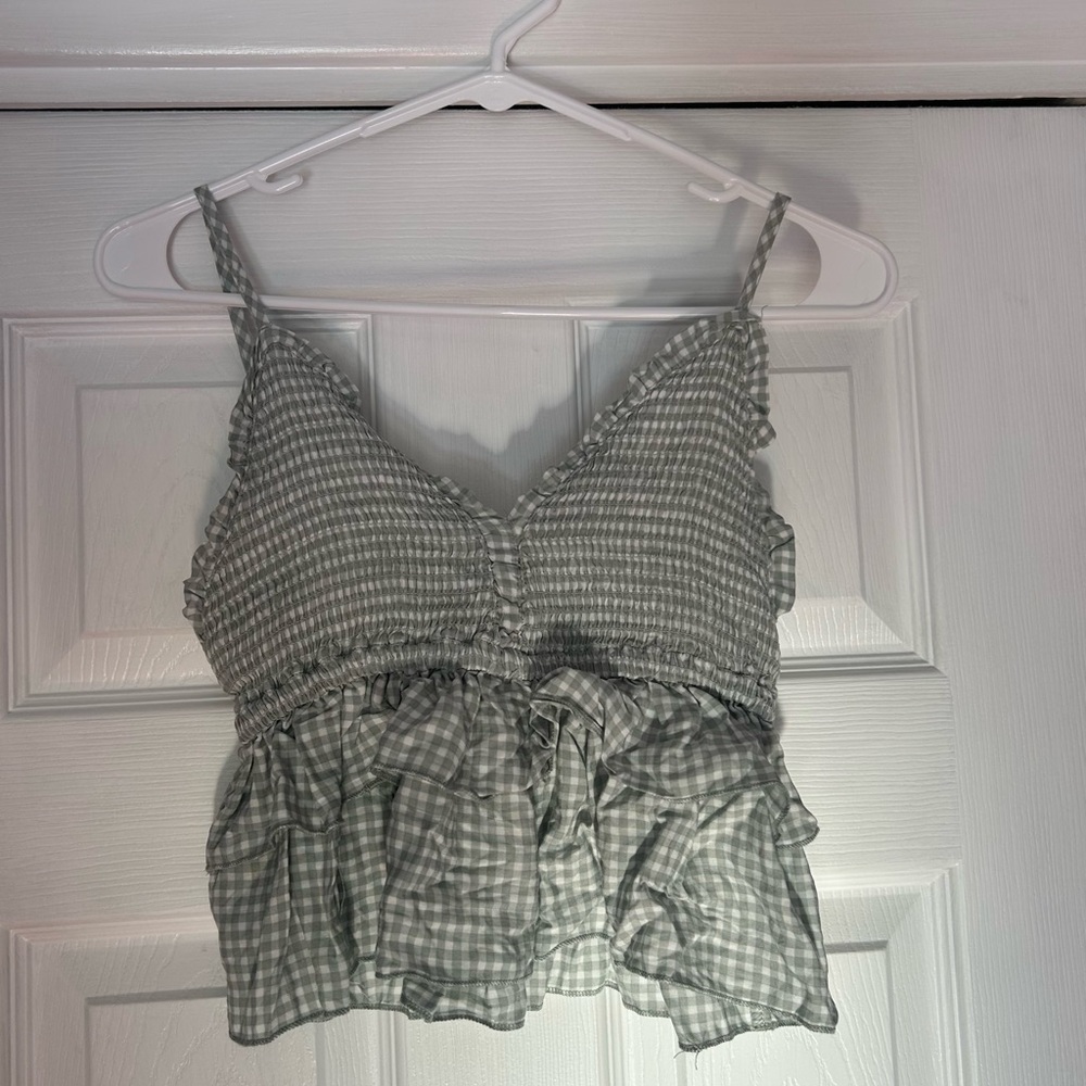 Gingham Ruffle Trim Women Top